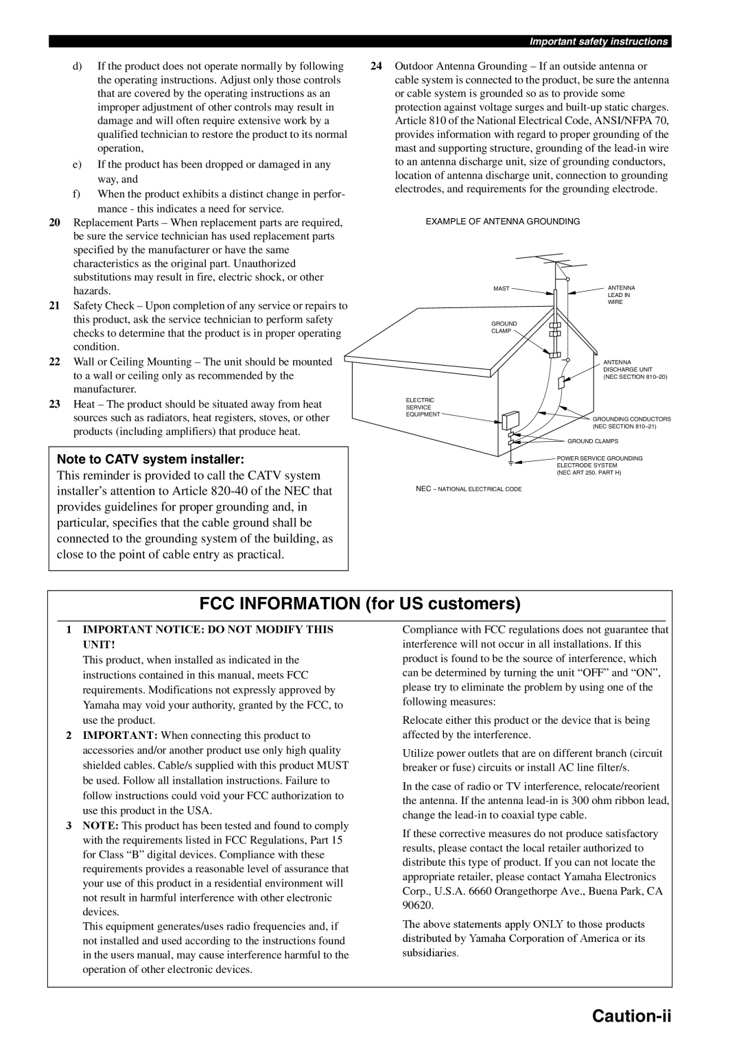Yamaha HTR-6060 owner manual FCC INFORMATION for US customers, Caution-ii, Note to CATV system installer 