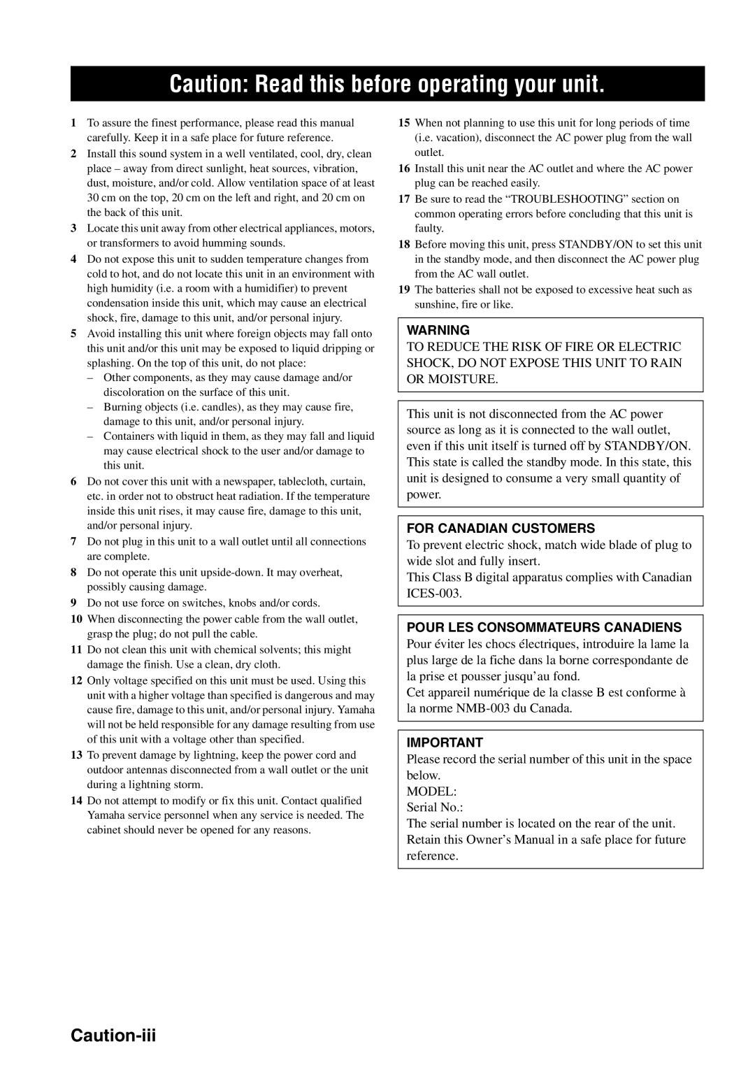 Yamaha HTR-6060 owner manual Caution: Read this before operating your unit, Caution-iii, For Canadian Customers 