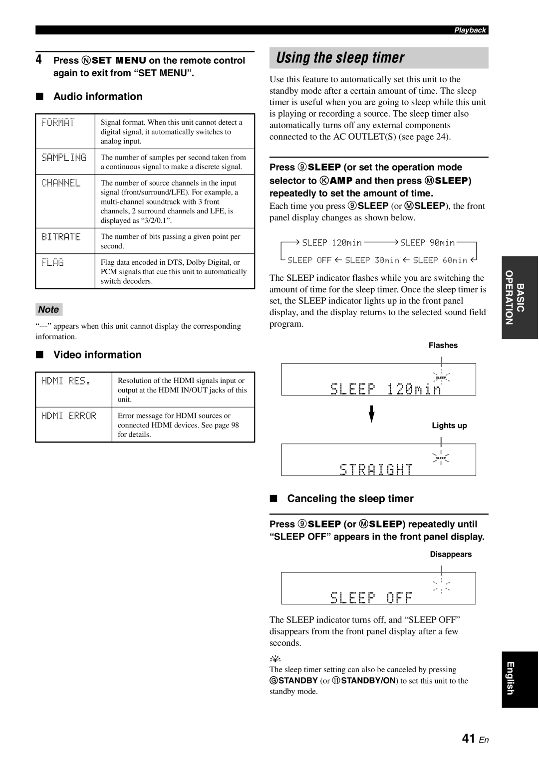 Yamaha HTR-6060 owner manual Using the sleep timer, 41 En, Audio information, Video information, Canceling the sleep timer 