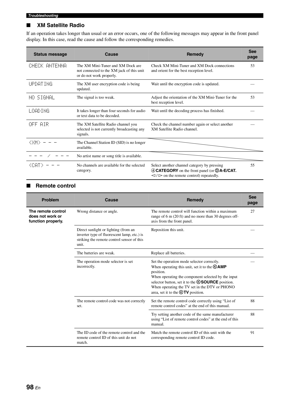 Yamaha HTR-6080 owner manual 98 En, XM Satellite Radio 