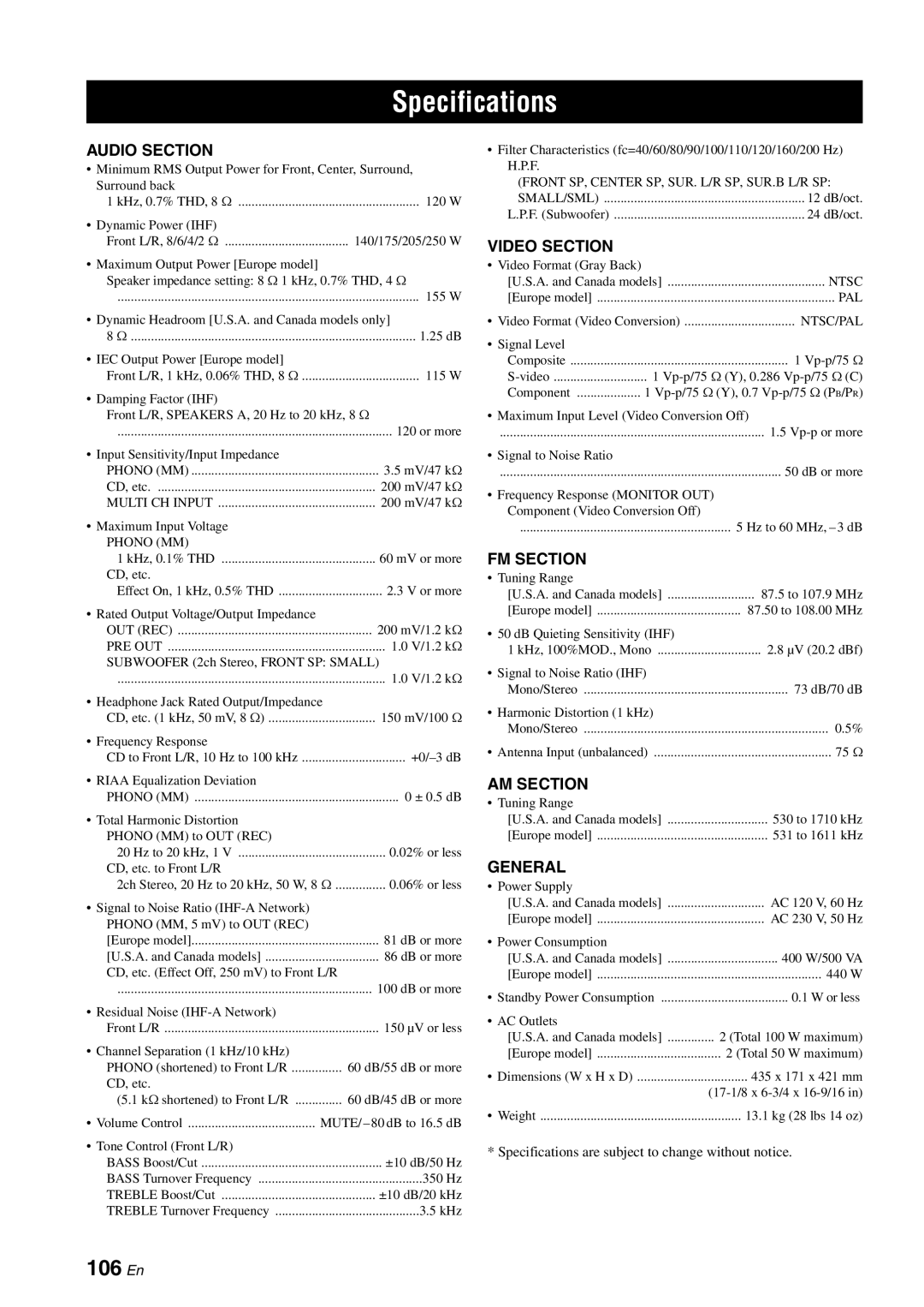 Yamaha HTR-6080 owner manual Specifications, 106 En 