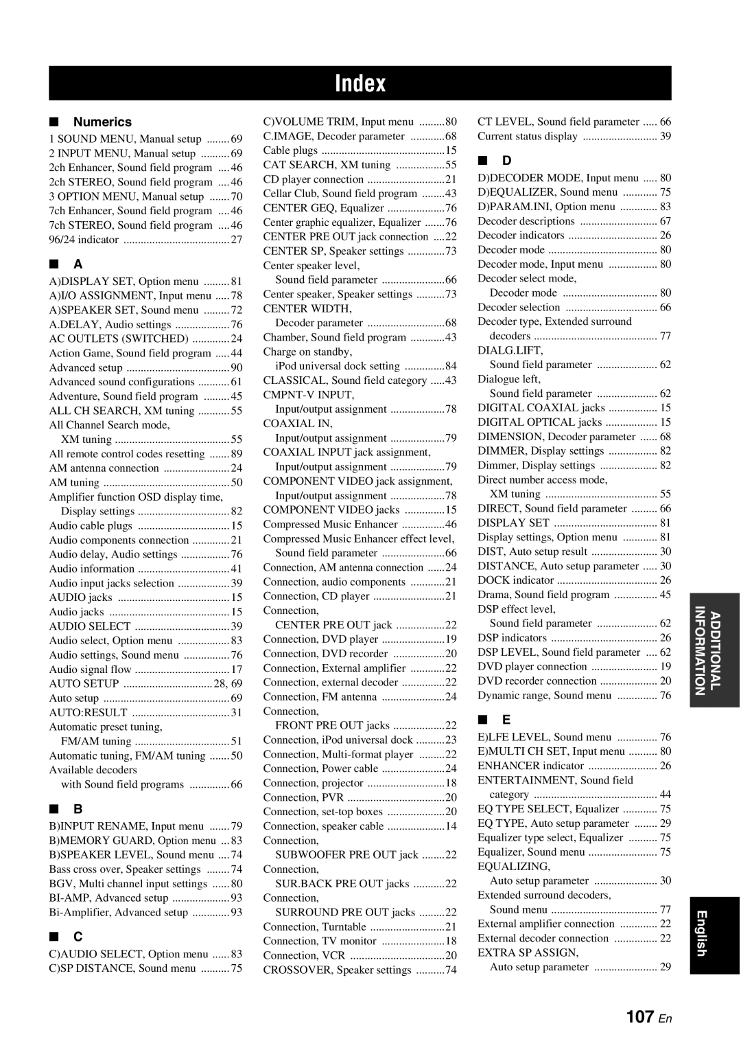 Yamaha HTR-6080 owner manual Index, 107 En, Numerics 