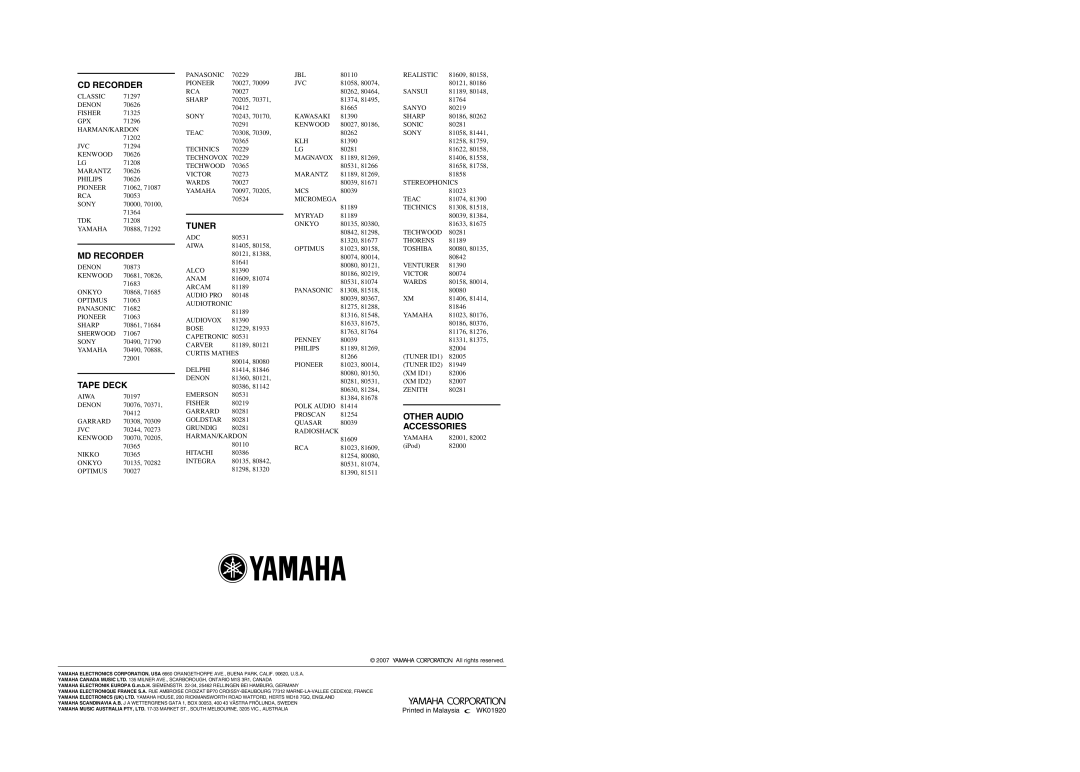 Yamaha HTR-6080 owner manual CD Recorder, MD Recorder, Tape Deck, Tuner, Other Audio, Accessories 