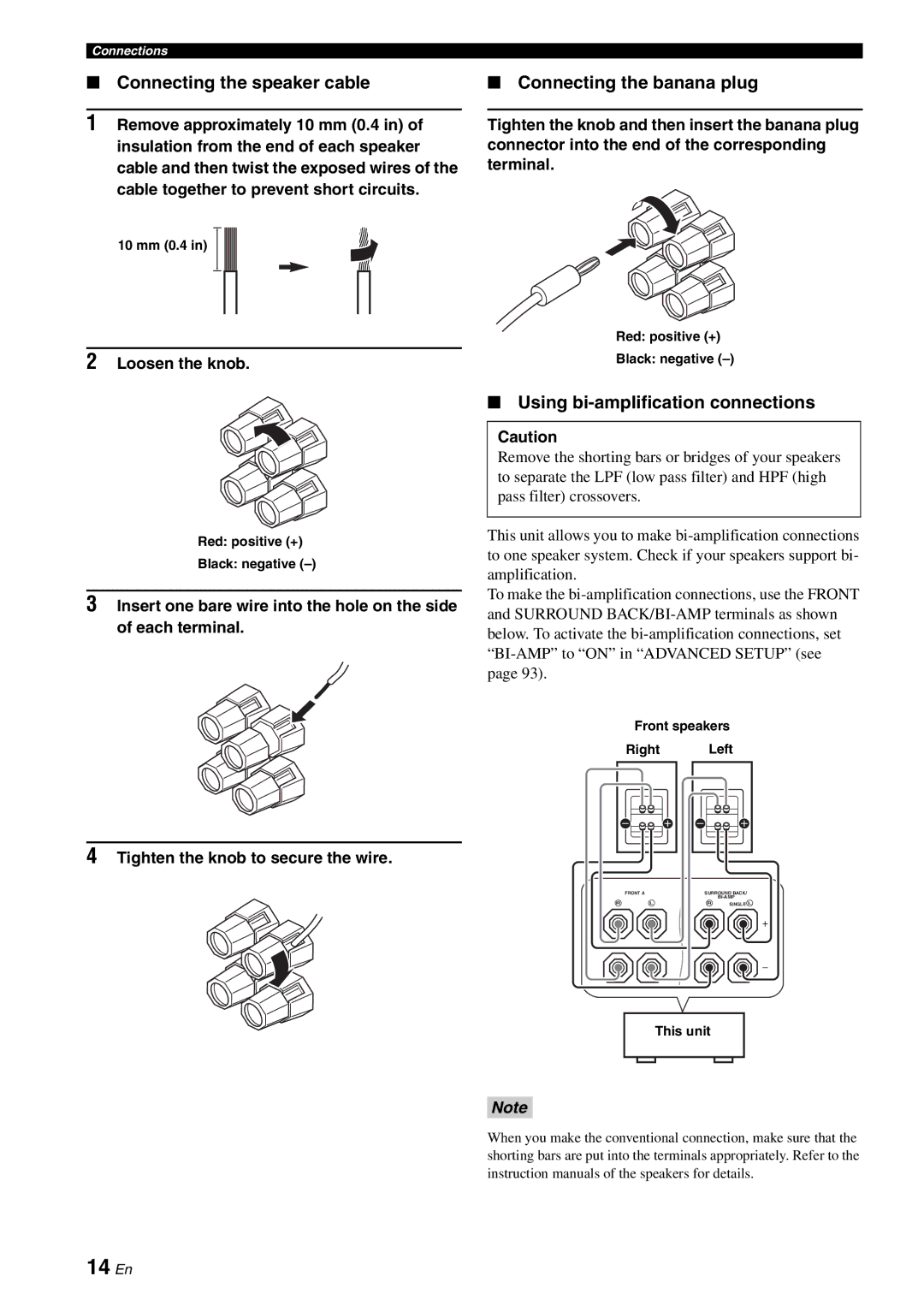 Yamaha HTR-6080 14 En, Connecting the speaker cable, Connecting the banana plug, Using bi-amplification connections 