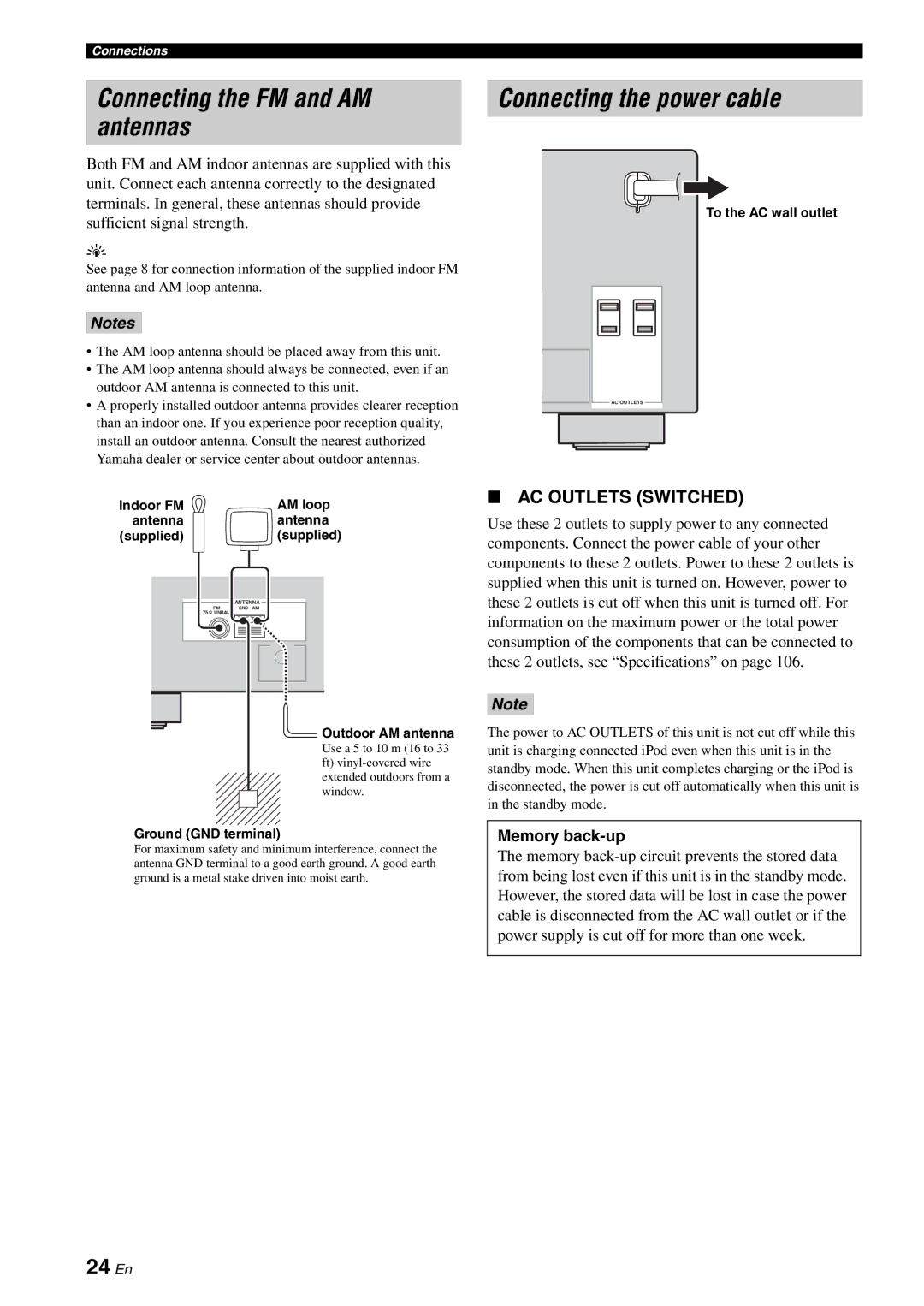 Yamaha HTR-6080 owner manual Connecting the FM and AM antennas, Connecting the power cable, 24 En, Memory back-up 