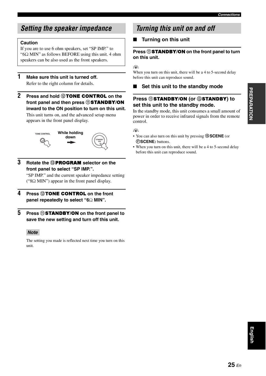 Yamaha HTR-6080 owner manual Setting the speaker impedance, Turning this unit on and off, 25 En, Turning on this unit 