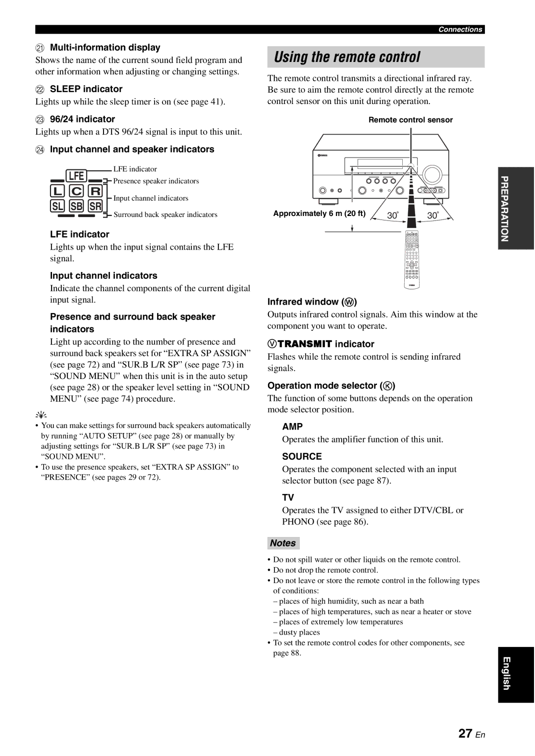 Yamaha HTR-6080 owner manual Using the remote control, 27 En, Amp, Source 