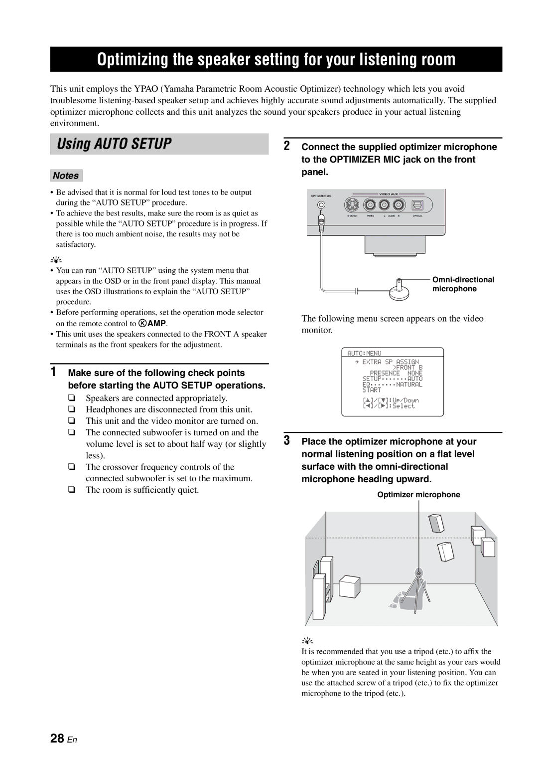 Yamaha HTR-6080 owner manual Optimizing the speaker setting for your listening room, Using Auto Setup, 28 En 