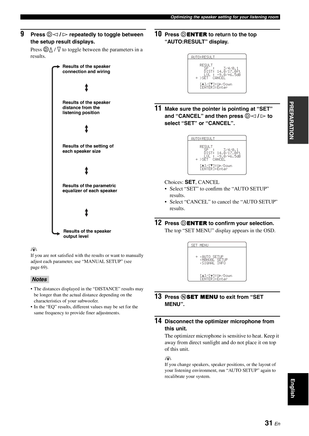 Yamaha HTR-6080 31 En, Press Dk/ nto toggle between the parameters in a Results, Press Denter to confirm your selection 