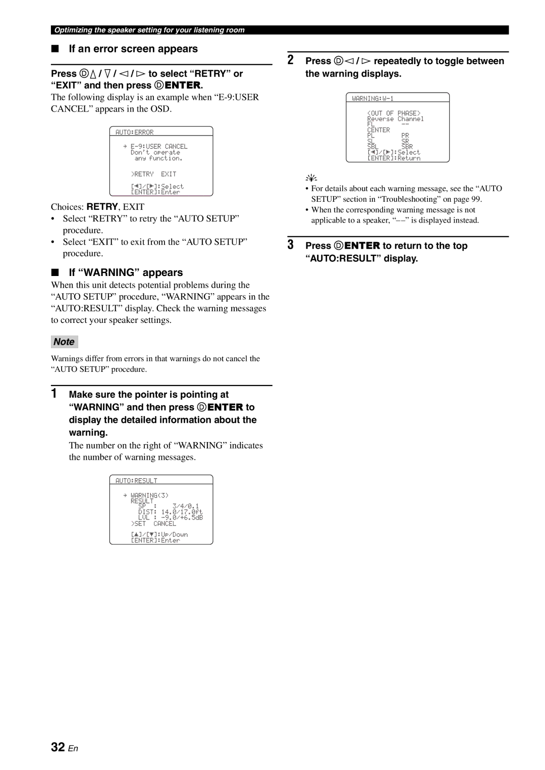 Yamaha HTR-6080 owner manual 32 En, If an error screen appears, If Warning appears 