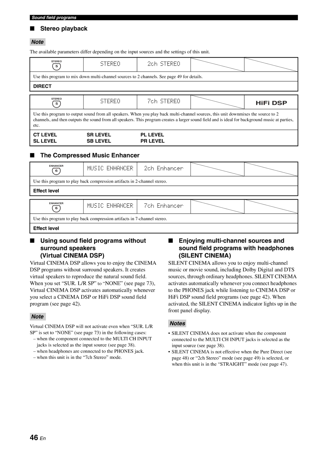 Yamaha HTR-6080 owner manual 46 En, Stereo playback, Compressed Music Enhancer 
