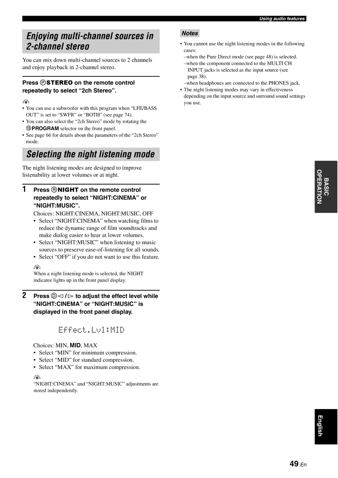 Yamaha HTR-6080 owner manual Enjoying multi-channel sources in 2-channel stereo, 49 En 