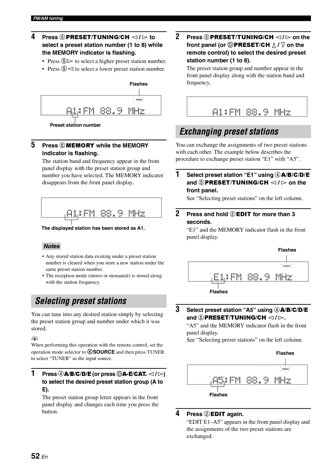 Yamaha HTR-6080 owner manual Selecting preset stations, Exchanging preset stations, 52 En 