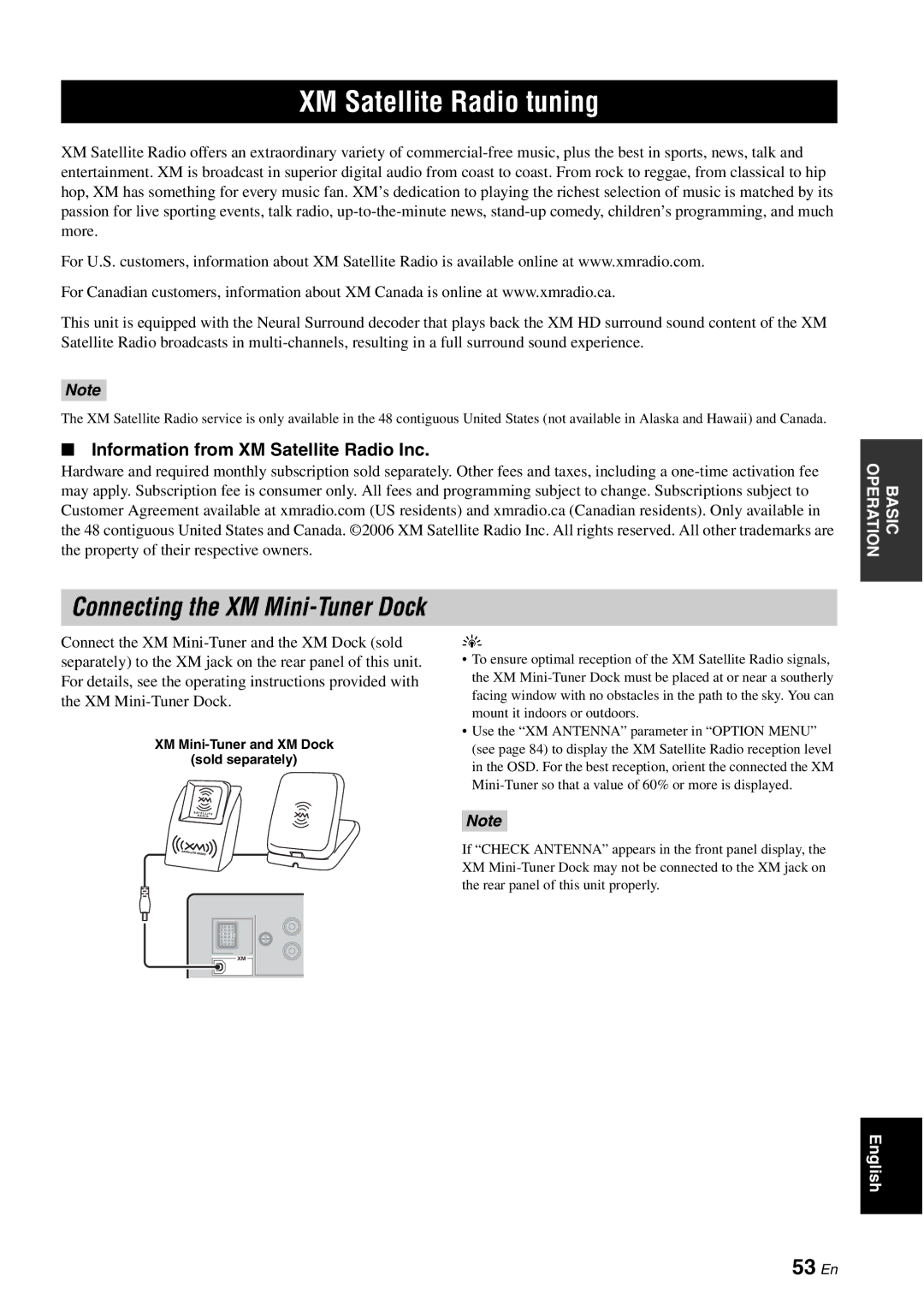 Yamaha HTR-6080 owner manual XM Satellite Radio tuning, 53 En, Information from XM Satellite Radio Inc 