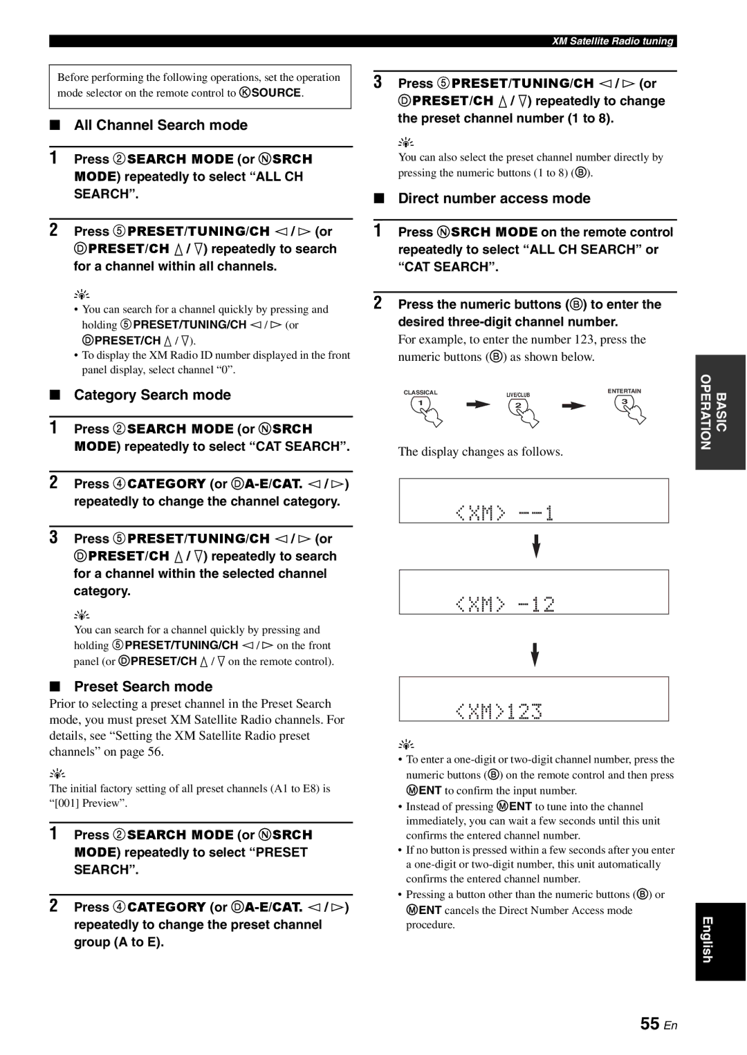Yamaha HTR-6080 55 En, All Channel Search mode, Category Search mode, Preset Search mode, Direct number access mode 