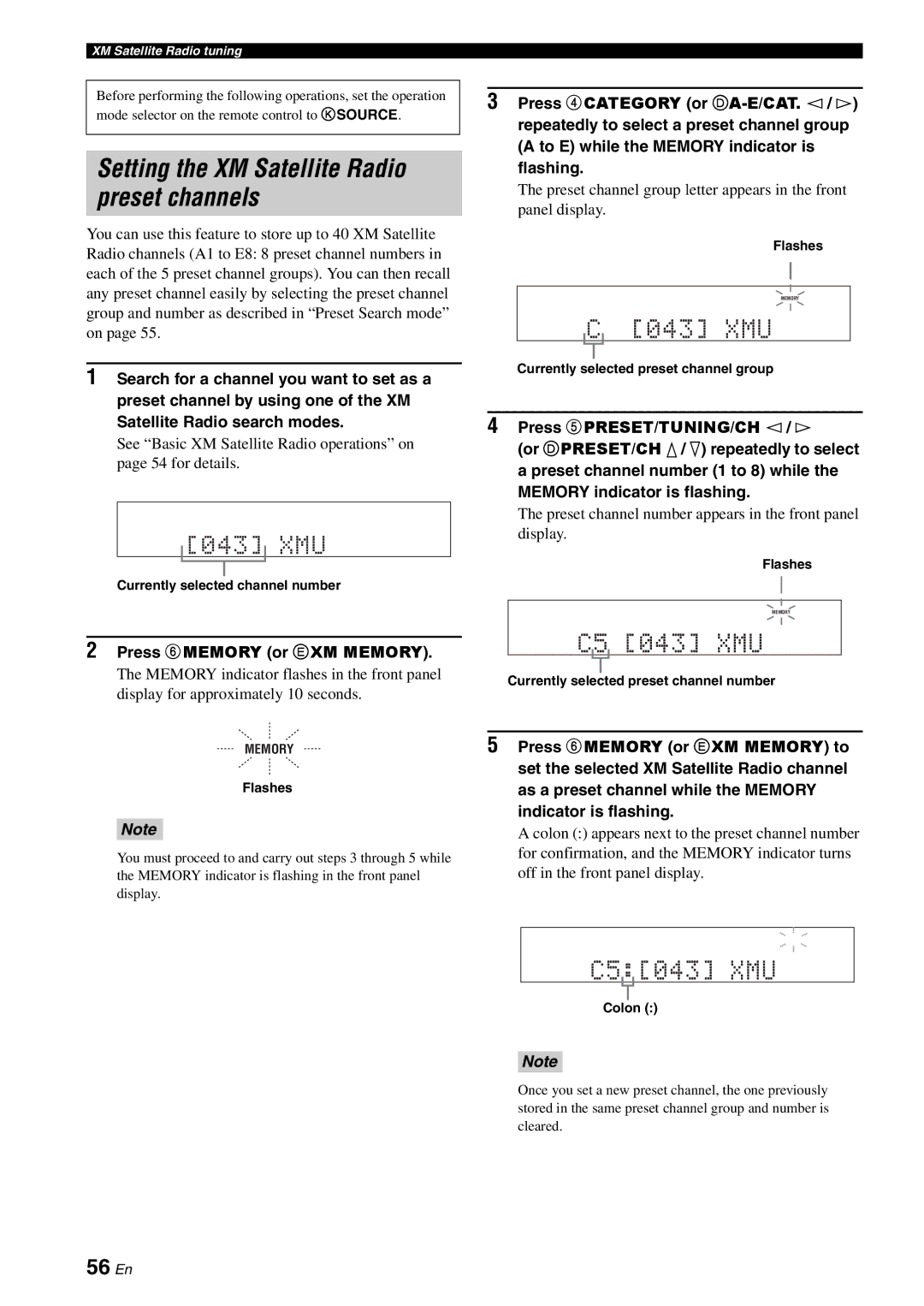 Yamaha HTR-6080 owner manual Setting the XM Satellite Radio preset channels, 56 En 