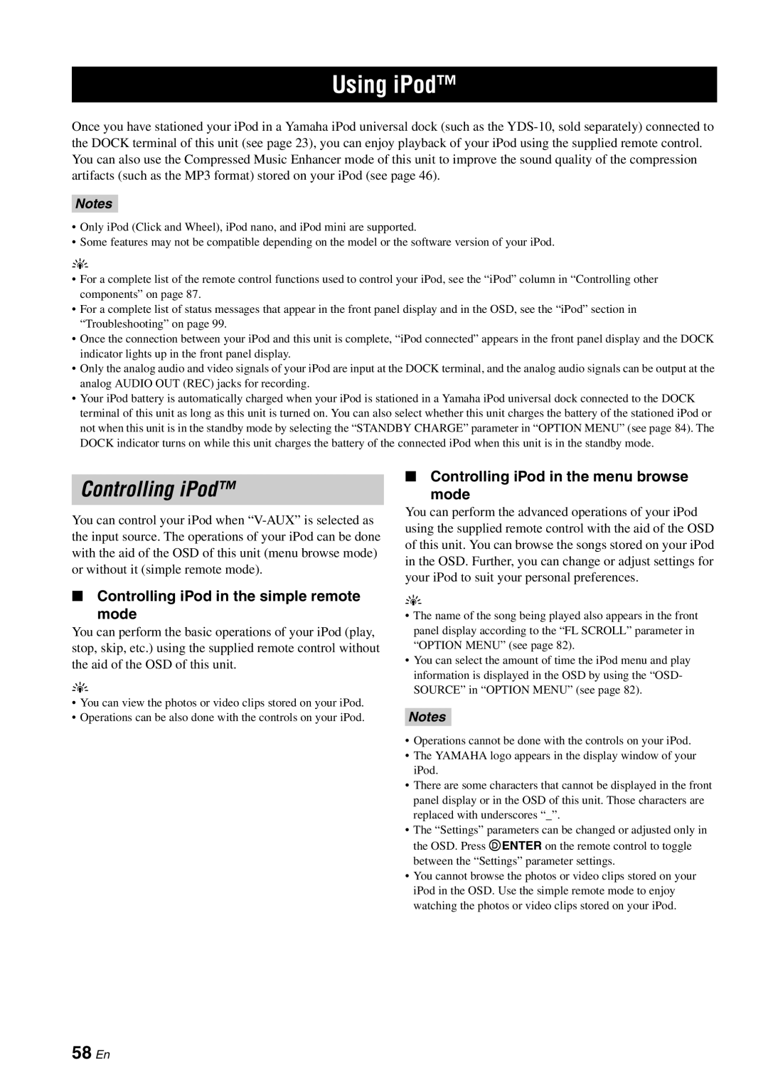 Yamaha HTR-6080 owner manual Using iPod, 58 En, Controlling iPod in the simple remote Mode 