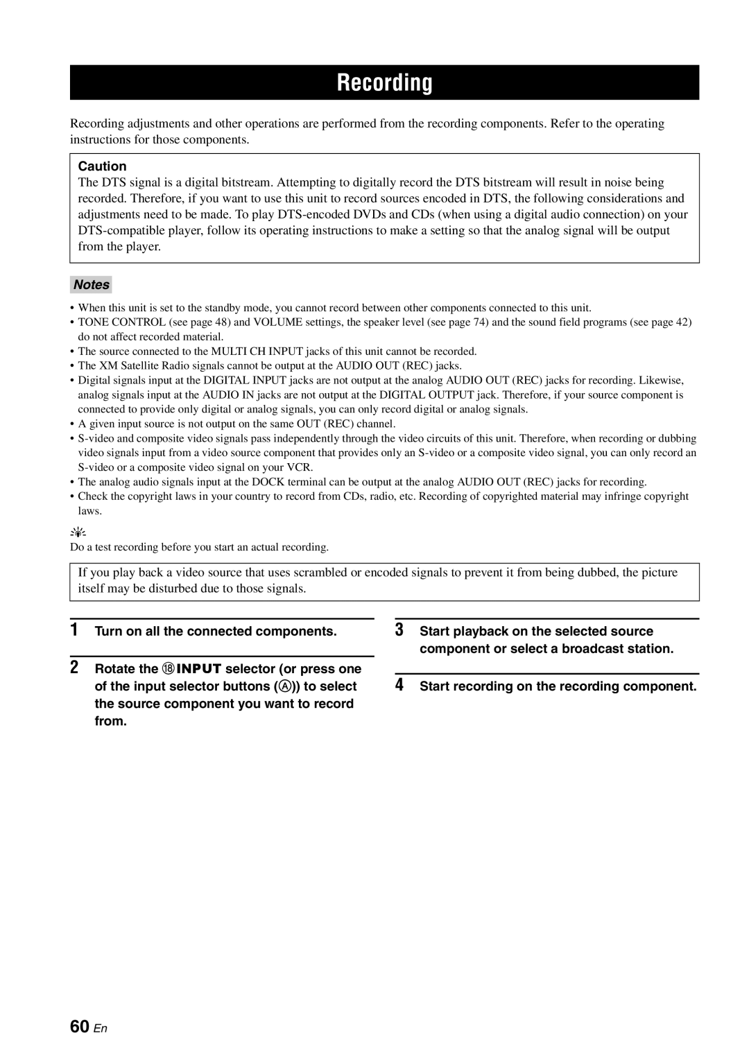 Yamaha HTR-6080 owner manual Recording, 60 En 