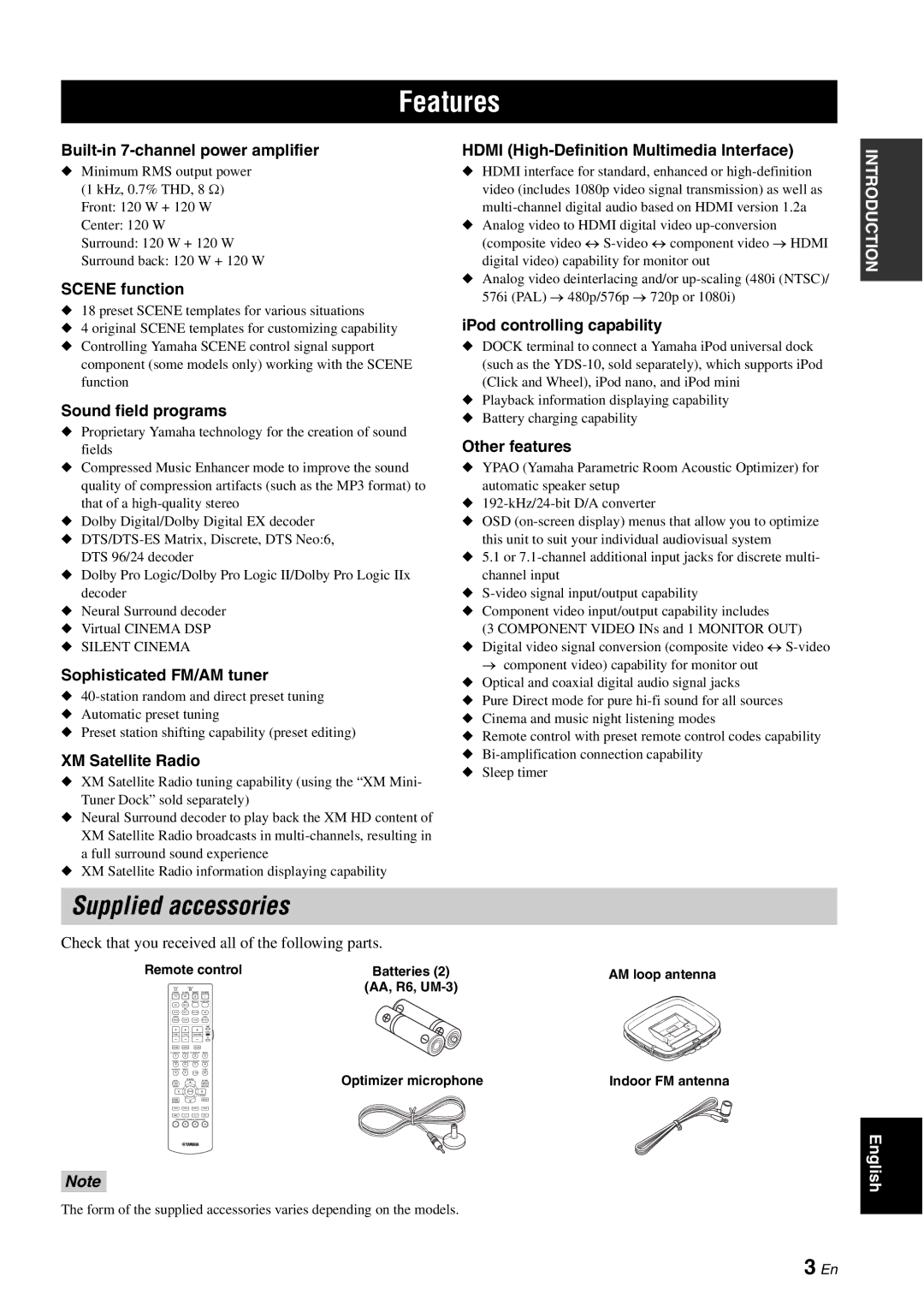 Yamaha HTR-6080 owner manual Features, Supplied accessories 