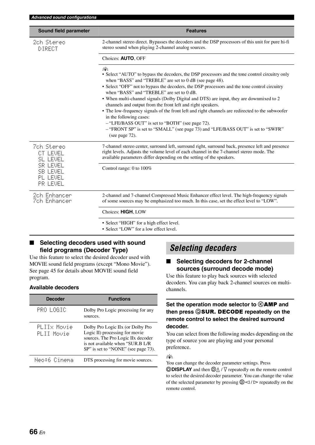 Yamaha HTR-6080 owner manual Selecting decoders, 66 En, Direct, CT Level SL Level SR Level SB Level PL Level PR Level 