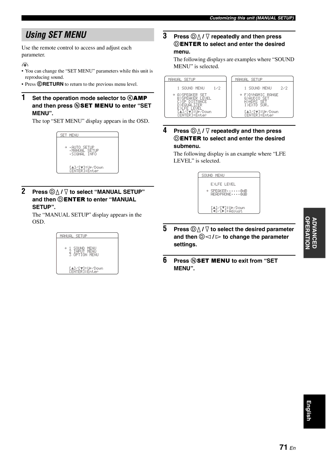 Yamaha HTR-6080 owner manual Using SET Menu, 71 En, Setup 