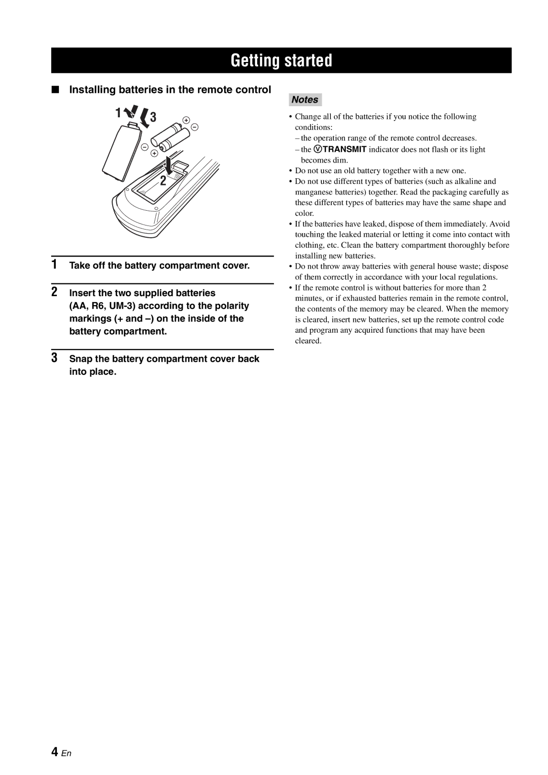 Yamaha HTR-6080 owner manual Getting started, Installing batteries in the remote control 