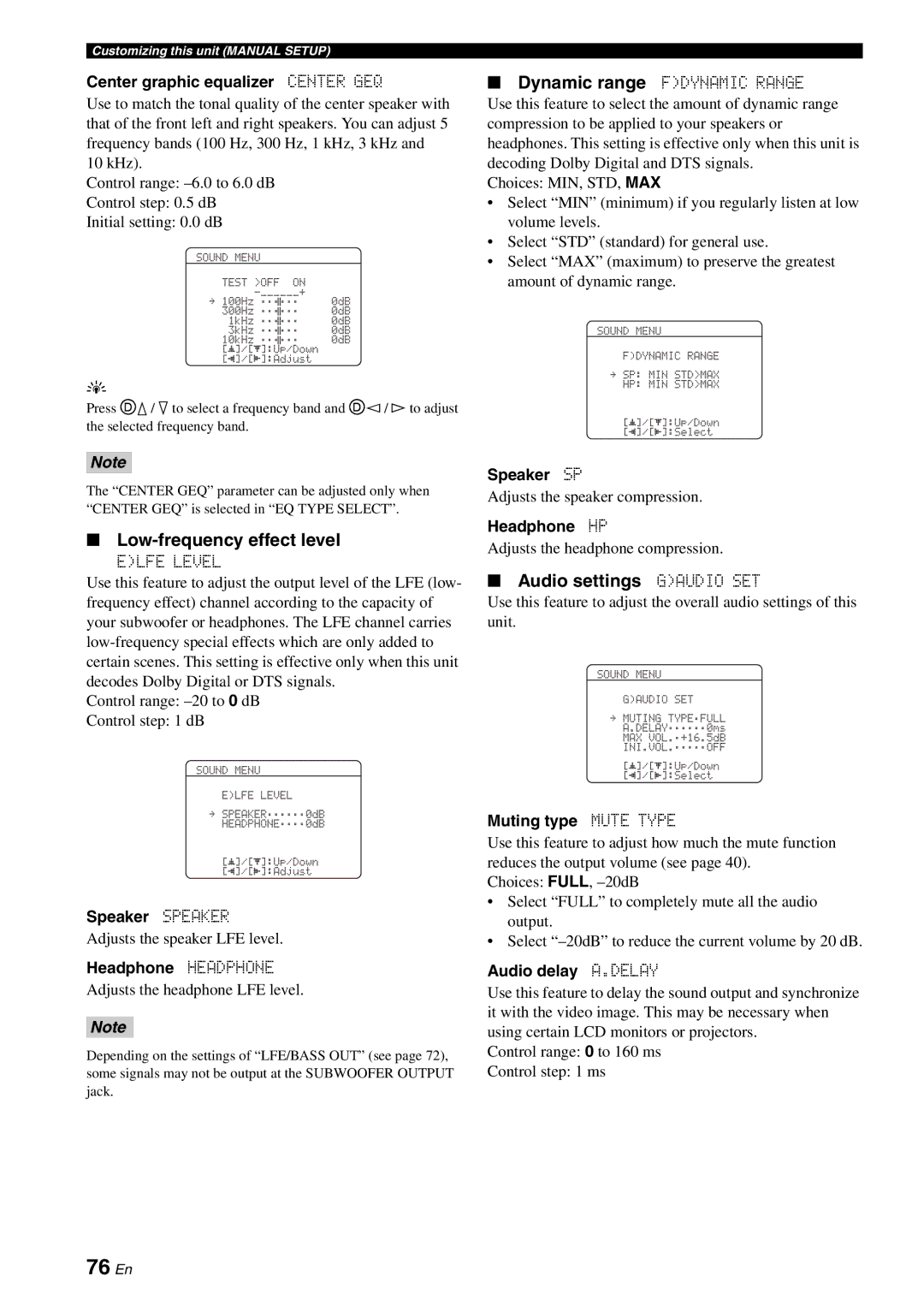 Yamaha HTR-6080 owner manual 76 En, Low-frequency effect level, Audio settings Gaudio SET 