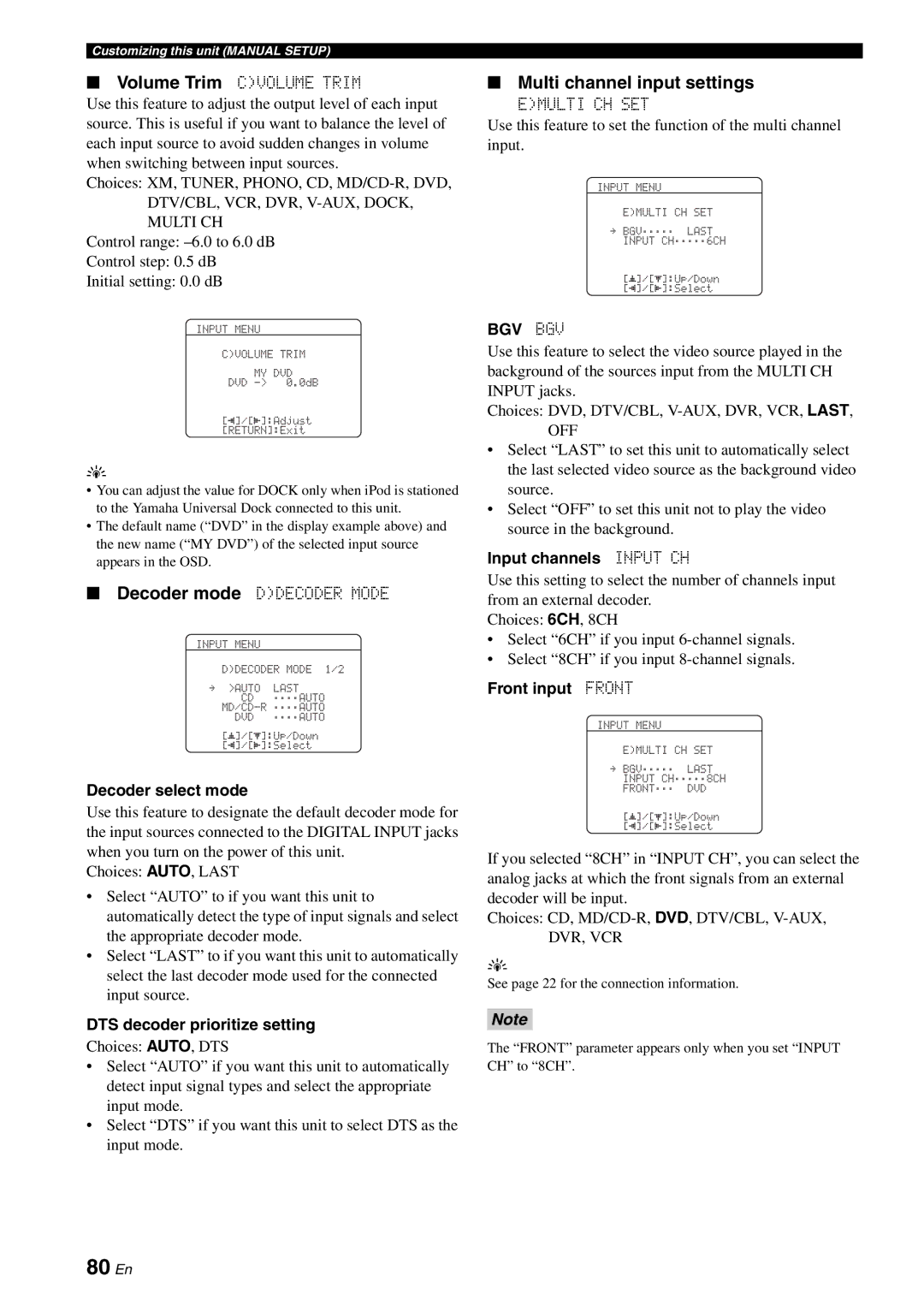 Yamaha HTR-6080 owner manual 80 En, Multi channel input settings, Bgv Bgv 