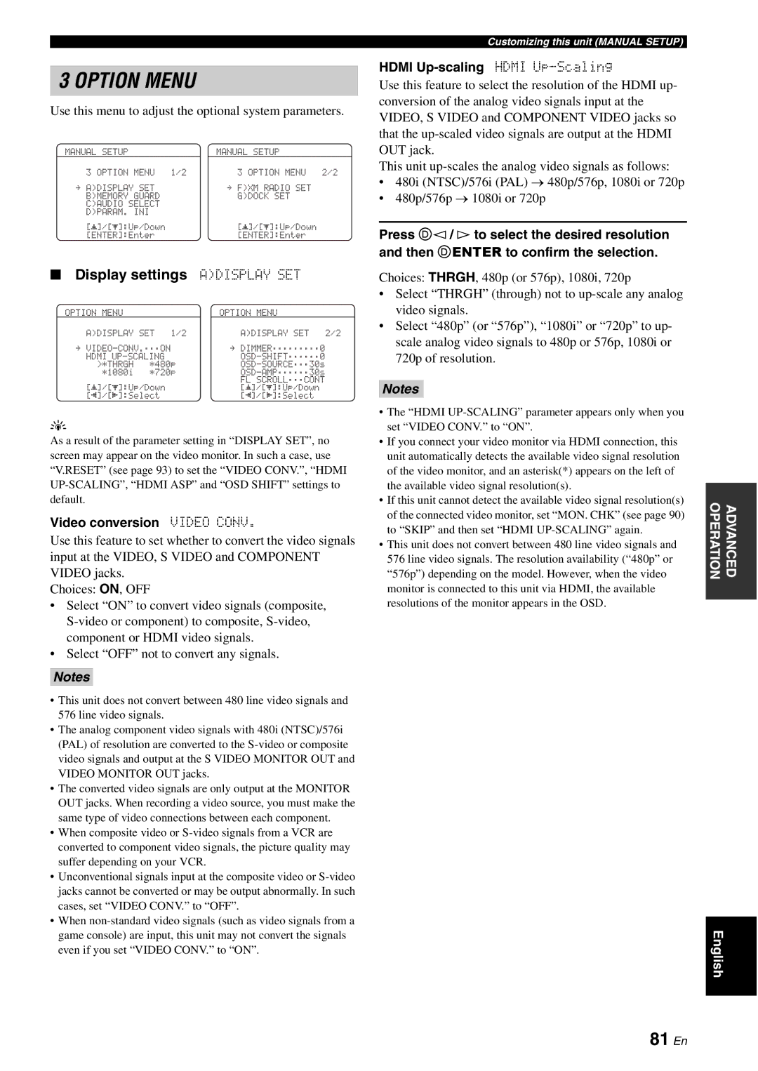 Yamaha HTR-6080 owner manual 81 En, Display settings Adisplay SET, Use this menu to adjust the optional system parameters 