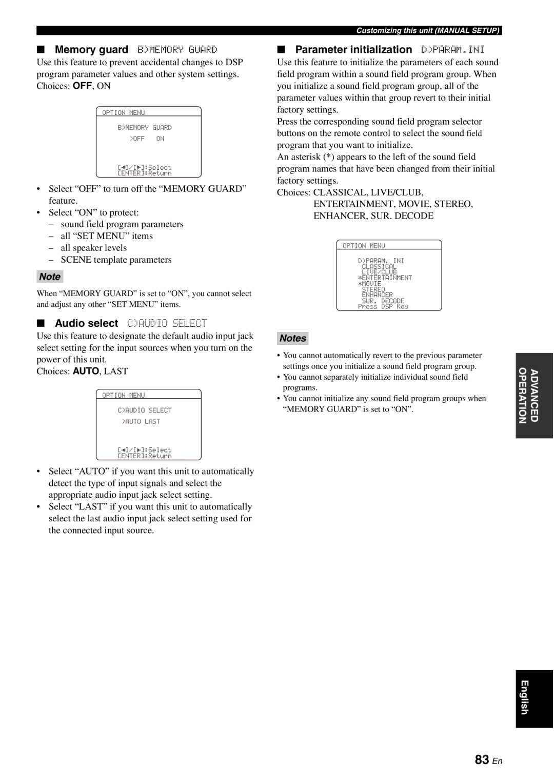 Yamaha HTR-6080 83 En, Parameter initialization DPARAM.INI, Memory guard Bmemory Guard, Audio select Caudio Select 