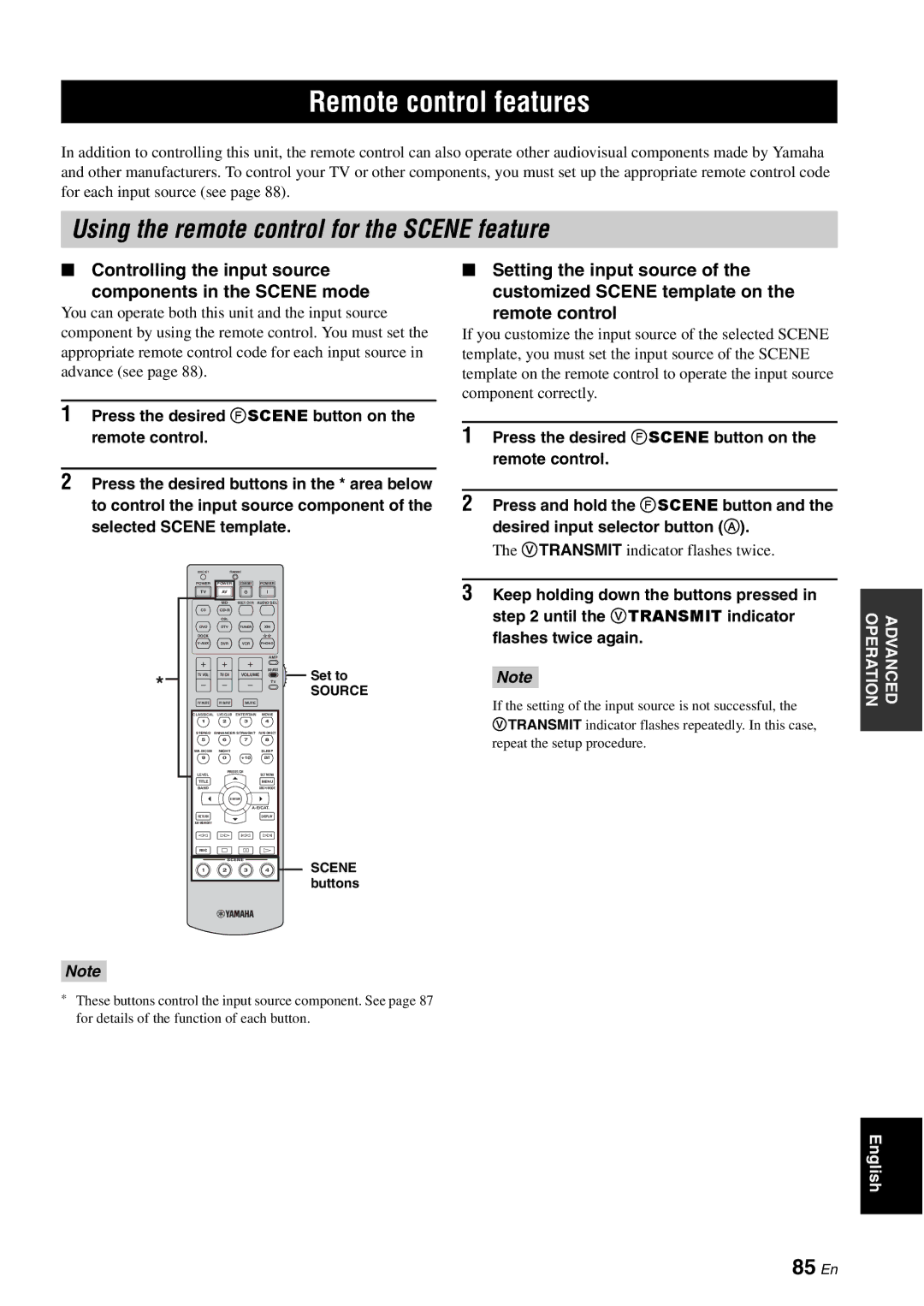 Yamaha HTR-6080 owner manual Remote control features, Using the remote control for the Scene feature, 85 En 