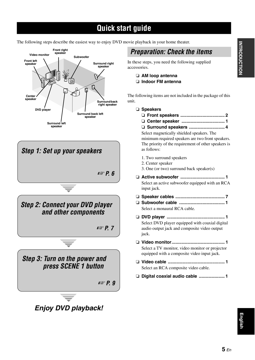 Yamaha HTR-6080 owner manual Quick start guide, Preparation Check the items, Set up your speakers, Enjoy DVD playback 