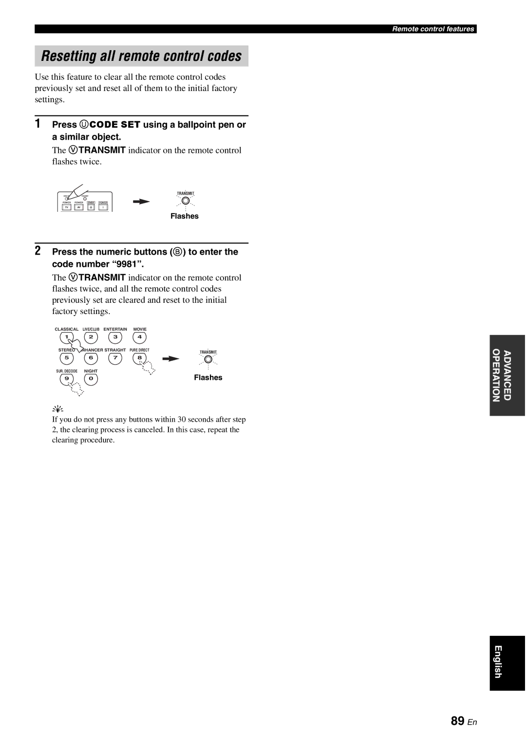 Yamaha HTR-6080 Resetting all remote control codes, 89 En, Vtransmit indicator on the remote control flashes twice 