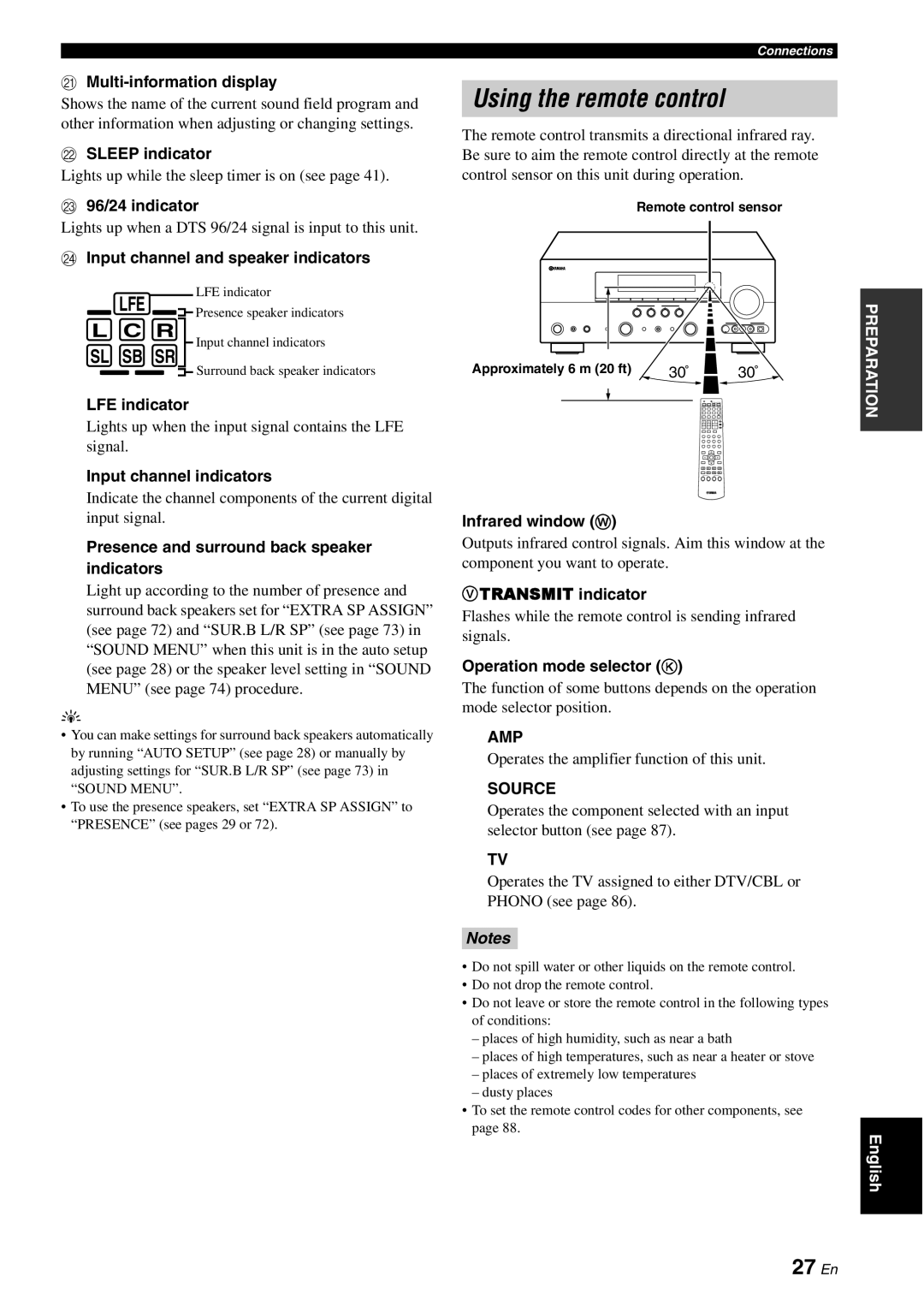 Yamaha HTR-6080 owner manual Using the remote control, 27 En, L C R, Sl Sb Sr 