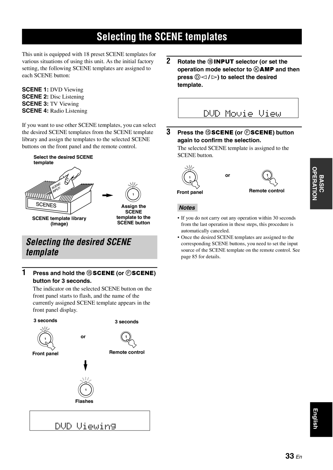 Yamaha HTR-6080 Selecting the SCENE templates, Selecting the desired SCENE template, DVD Movie, DVD Viewing, 33 En, Notes 