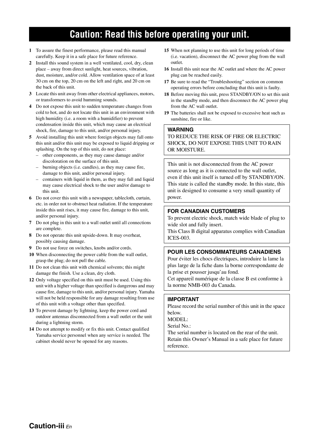 Yamaha HTR-6080 owner manual Caution: Read this before operating your unit, Caution-iii En 