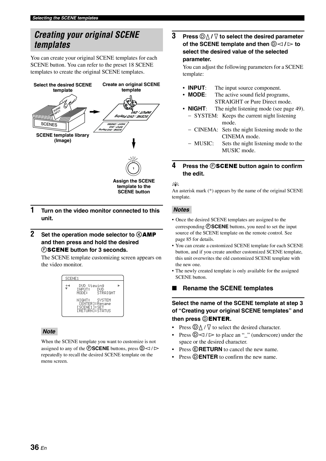 Yamaha HTR-6080 owner manual Creating your original SCENE templates, 36 En, Rename the SCENE templates, Notes 