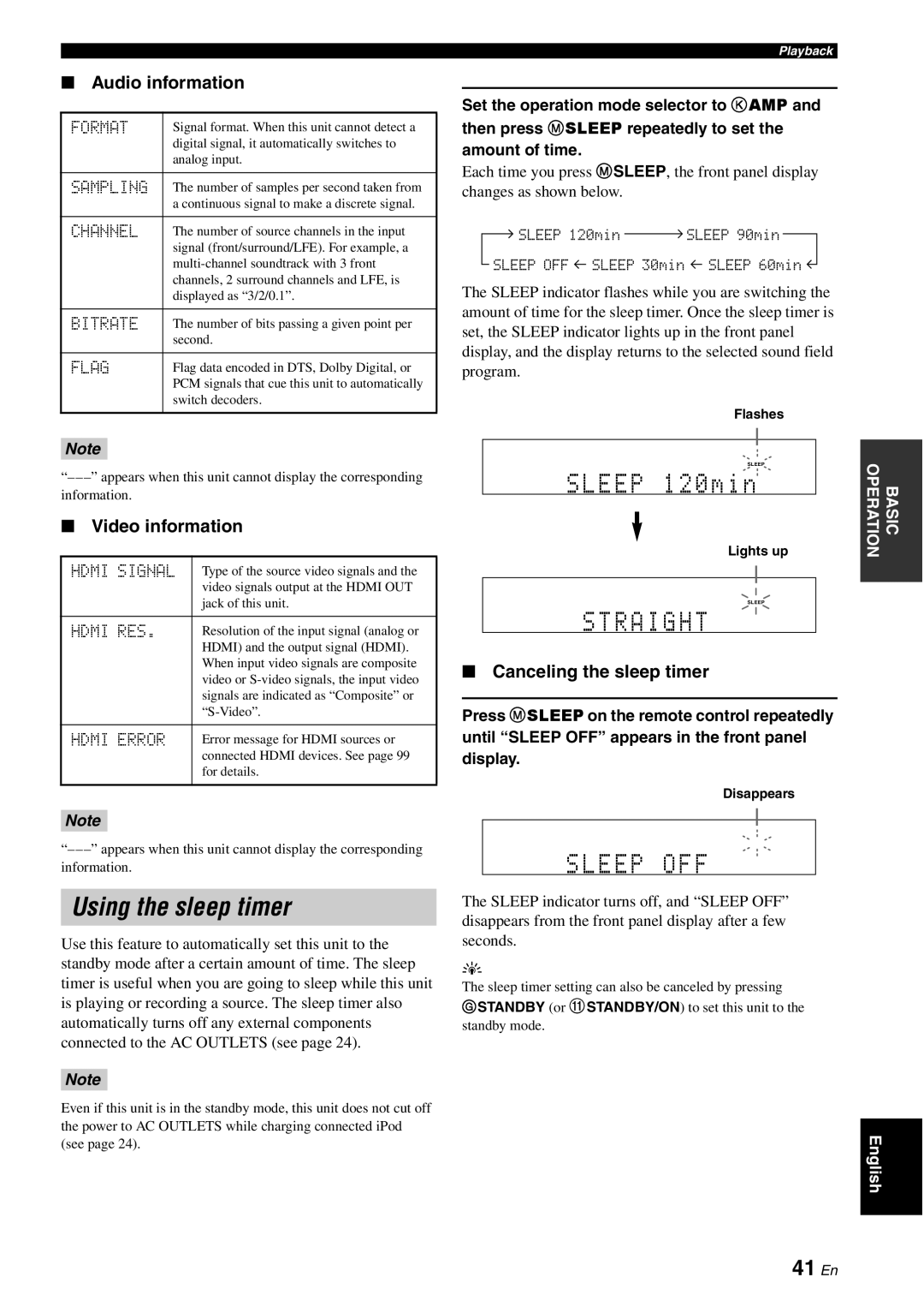 Yamaha HTR-6080 owner manual Using the sleep timer, 41 En, Audio information, Video information, Canceling the sleep timer 