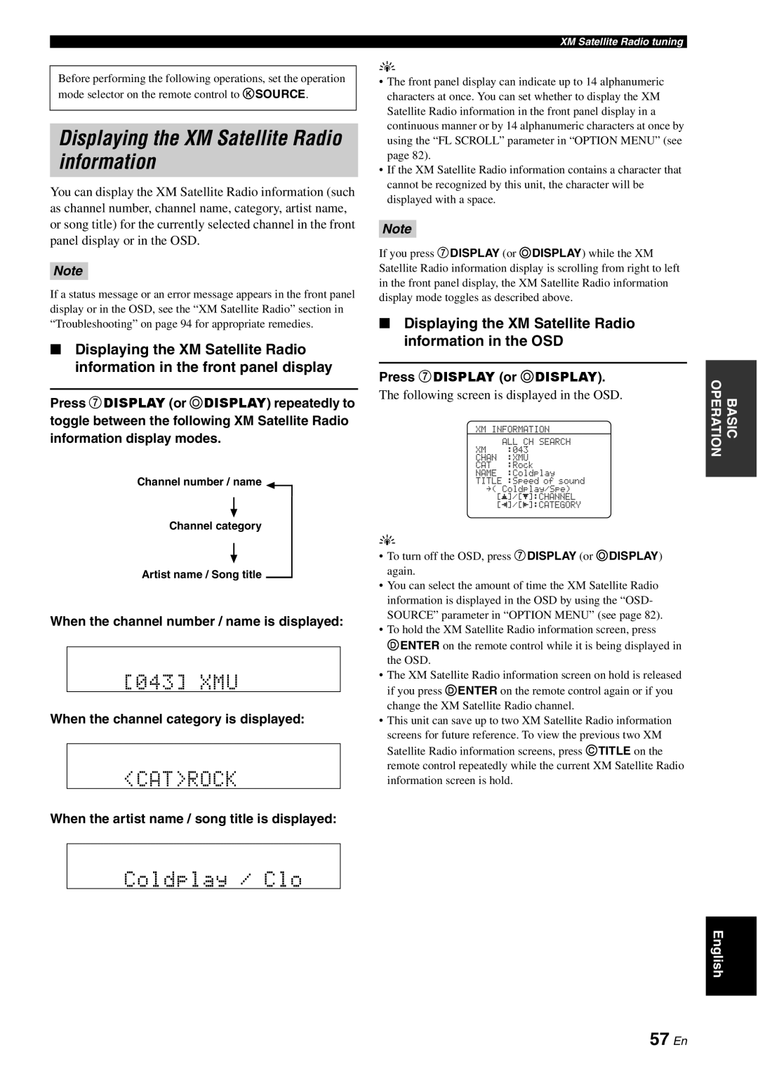 Yamaha HTR-6080 owner manual Displaying the XM Satellite Radio information, Coldplay / Clo, <Cat>Rock, 57 En, 043 XMU 