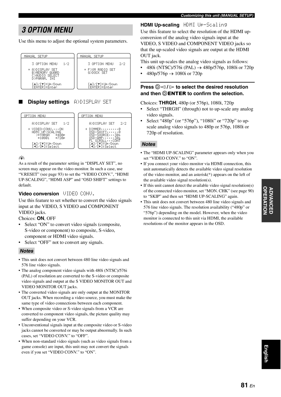 Yamaha HTR-6080 owner manual Option Menu, 81 En, Display settings ADISPLAY SET, Notes 