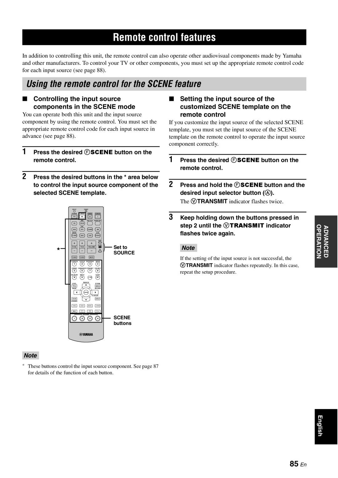 Yamaha HTR-6080 owner manual Remote control features, Using the remote control for the SCENE feature, 85 En 