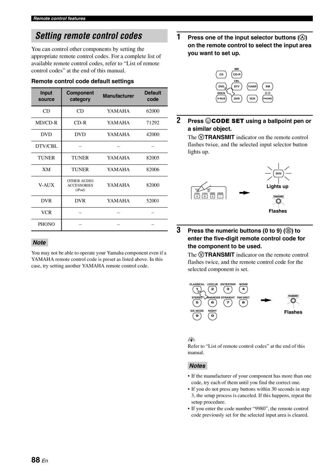 Yamaha HTR-6080 owner manual Setting remote control codes, 88 En, Notes 