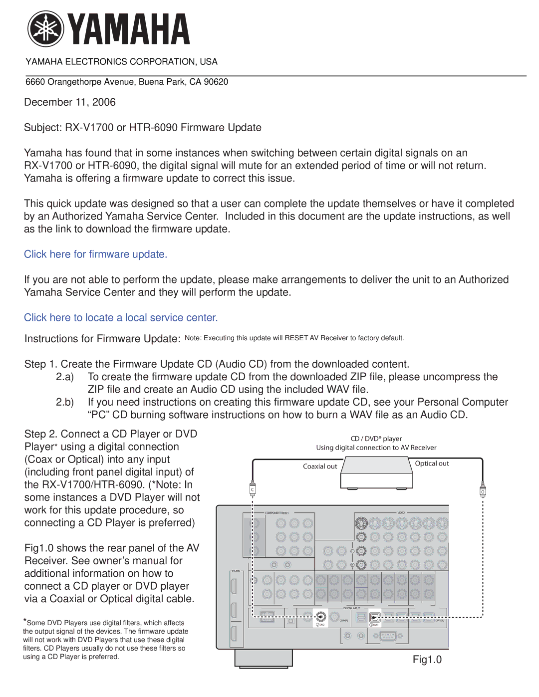 Yamaha RX-V1700, HTR-6090 owner manual Click here for firmware update, Click here to locate a local service center, Fig1.0 