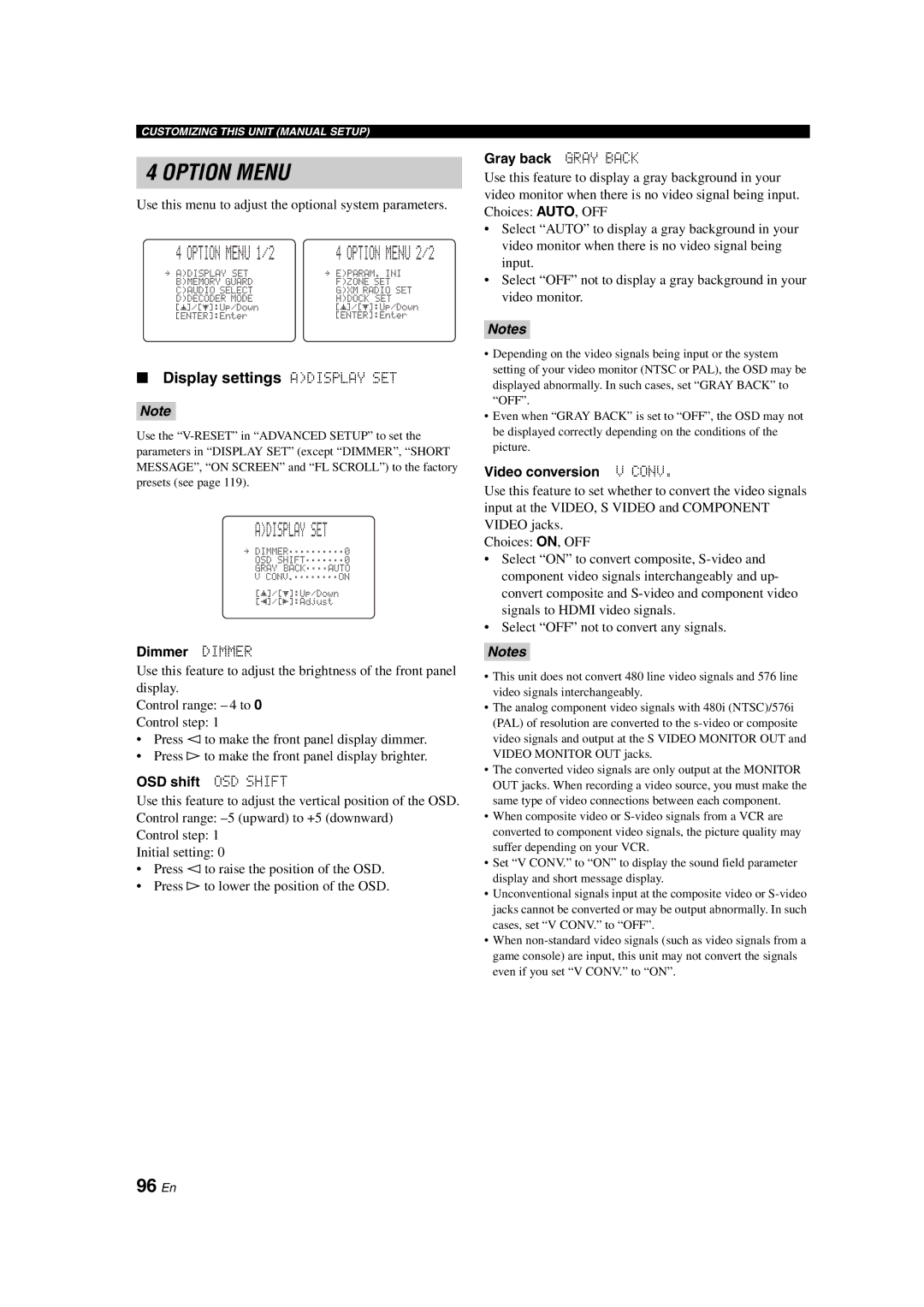 Yamaha HTR-6090 owner manual 96 En, Display settings Adisplay SET 