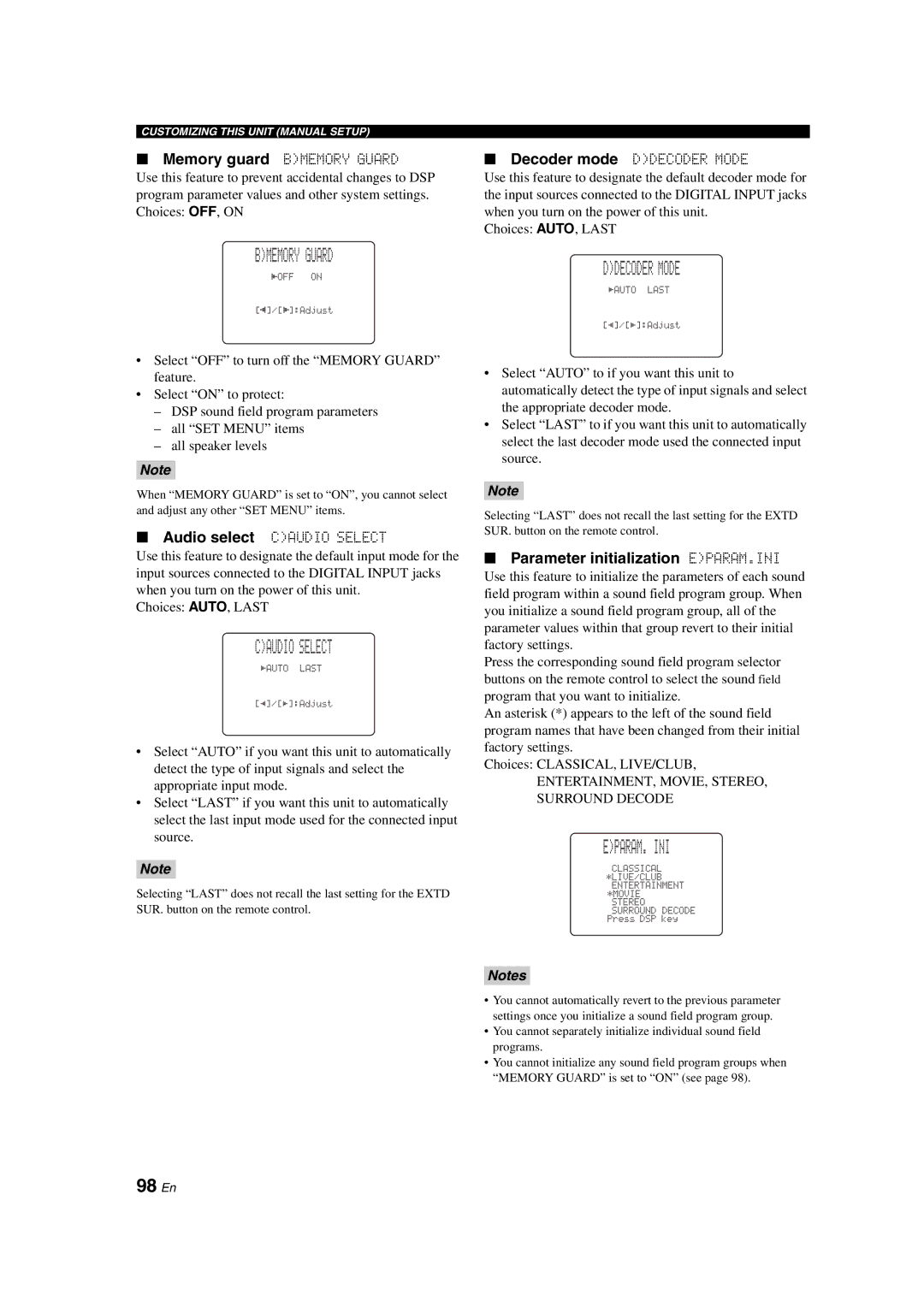 Yamaha HTR-6090 owner manual Bmemory Guard, Caudio Select, Eparam. Ini, 98 En, Parameter initialization EPARAM.INI 