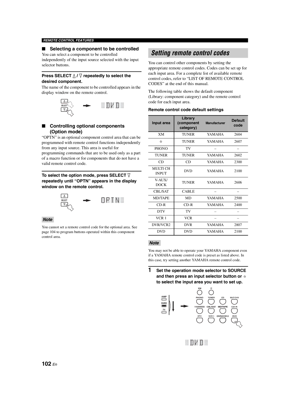 Yamaha HTR-6090 owner manual Setting remote control codes, 102 En, Selecting a component to be controlled 