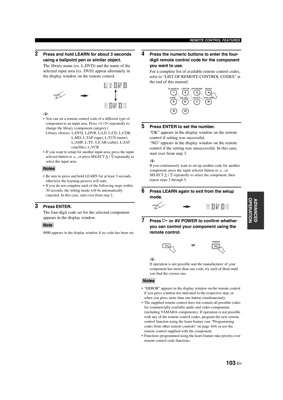 Yamaha HTR-6090 owner manual 103 En, Press Enter to set the number, Press Learn again to exit from the setup mode, OrAV 