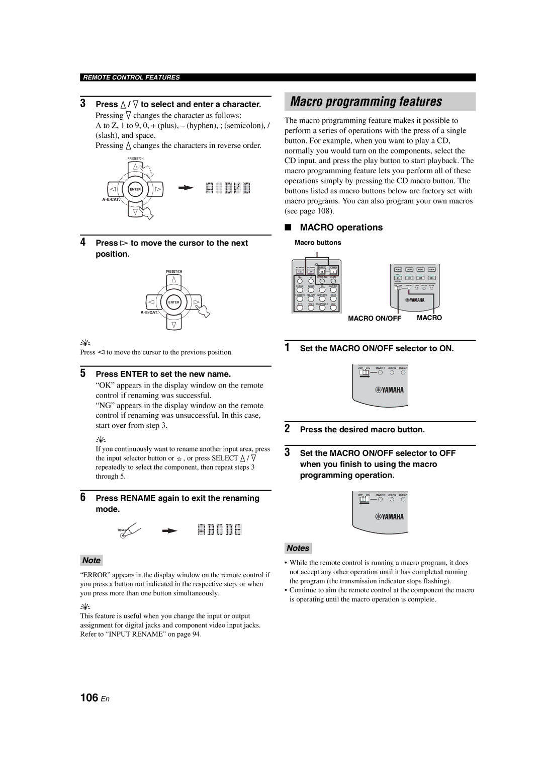 Yamaha HTR-6090 owner manual Macro programming features, 106 En, Macro operations 