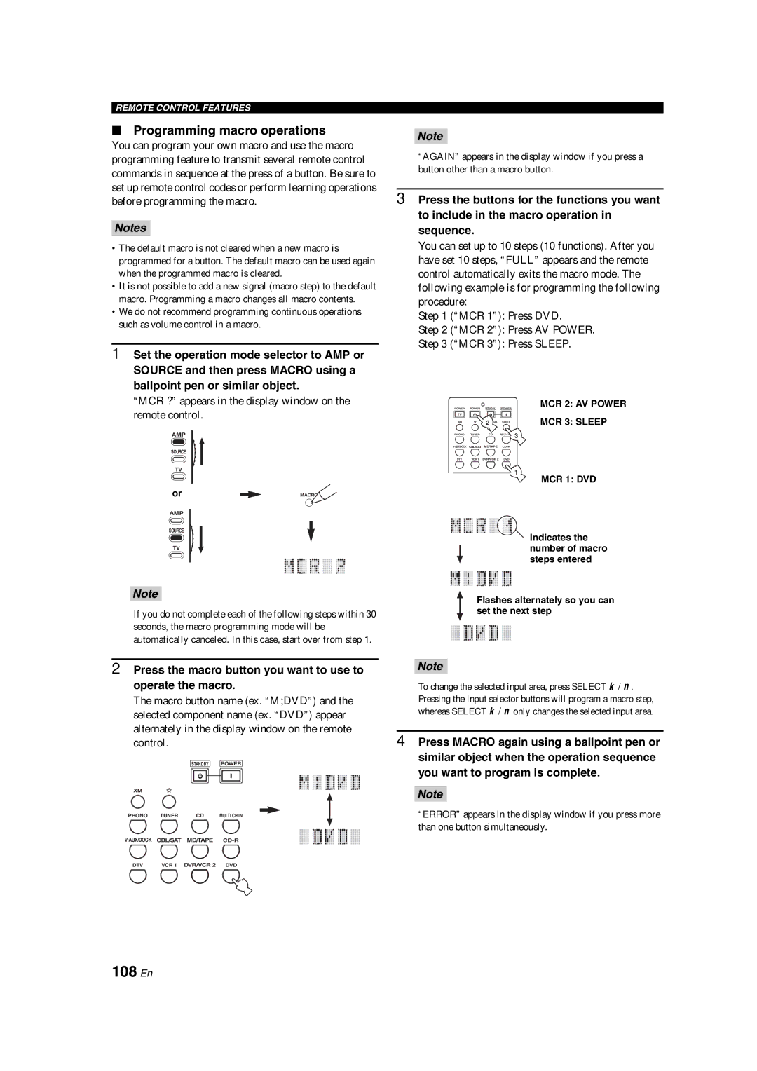 Yamaha HTR-6090 owner manual 108 En, Programming macro operations 