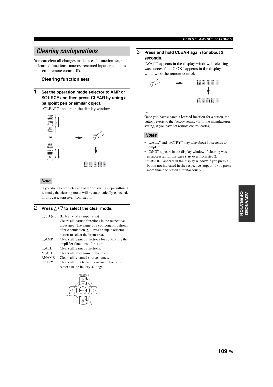 Yamaha HTR-6090 owner manual Clearing configurations, 109 En, Clearing function sets, Press and hold Clear again for about 